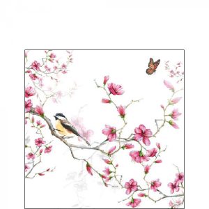 Cocktailservietten Vogel und Blüten – Napkin 25 Bird & blossom white FSC Mix