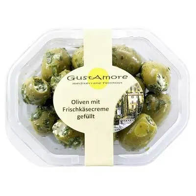 Gustamore, Oliven mit Mandel-Frischkäsecreme gefüllt, 160 g Packung